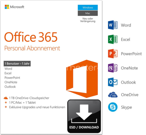 Microsoft Office 365 Personal | 32/64-bit | D/F/I/E | 1 user/1 Gerät/1 Jahr | ESD