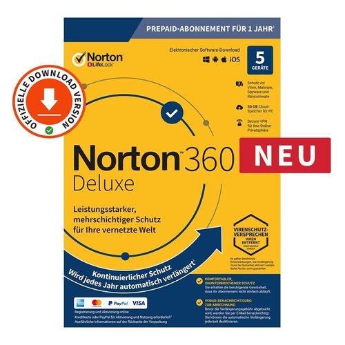 NORTON 360 DELUXE | 5 Geräte/1 Jahr | 50 GB | Win/Mac/iOs/Android | D/F/I/E | ESD